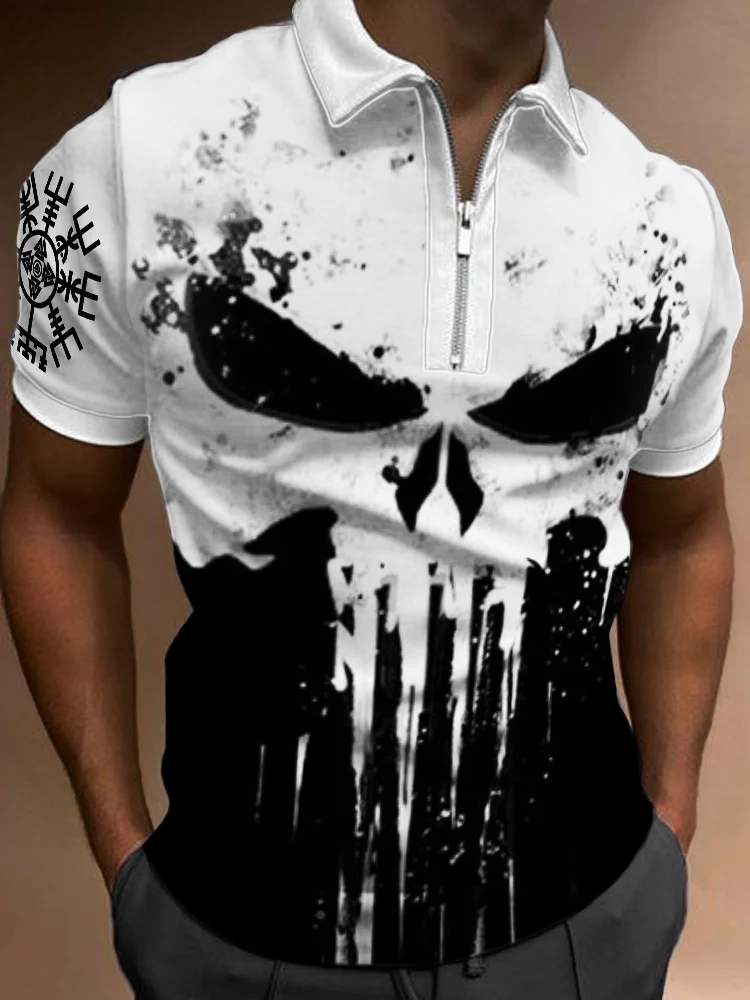 BrosWear Men's Viking Vegvisir Skull Contrast Color Polo Shirt