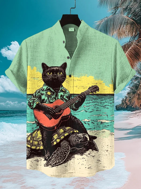 Men's Black Cat And Turtle Playing Guitar At The Seaside Art Print Casual Shirt