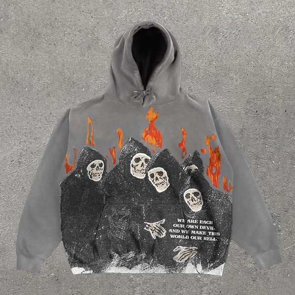 Skull Flame Print Long Sleeve Hoodie
