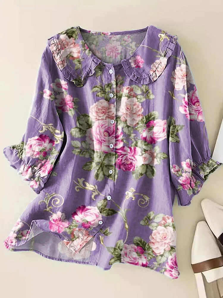 Women's Lovely Floral Art Print Casual Peter Pan Collar Cotton Shirt