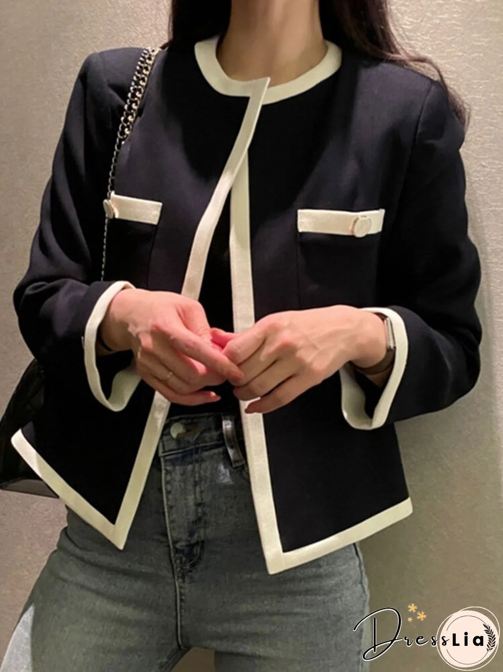 Contrast Color Open Front Long Sleeve Jacket For Women