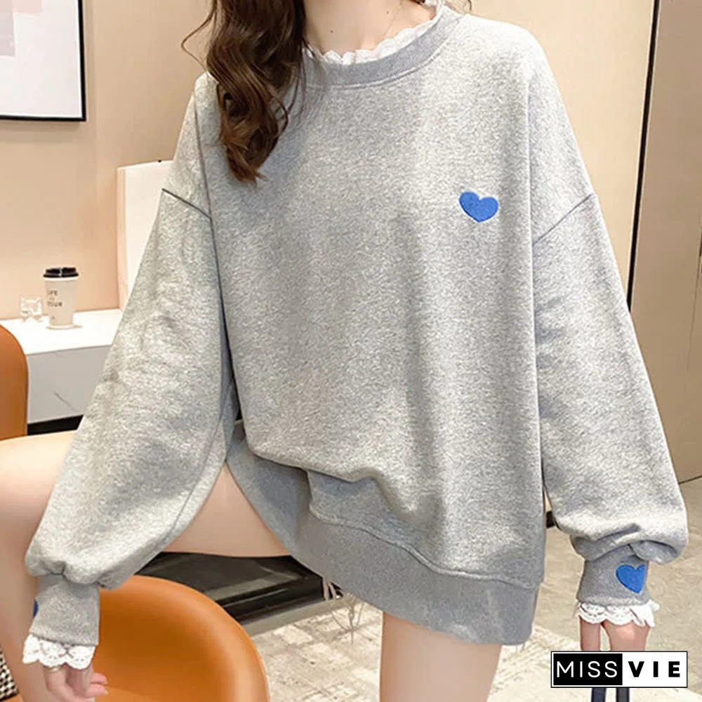 Pure Color Round Collor Love Heart Sweatshirt