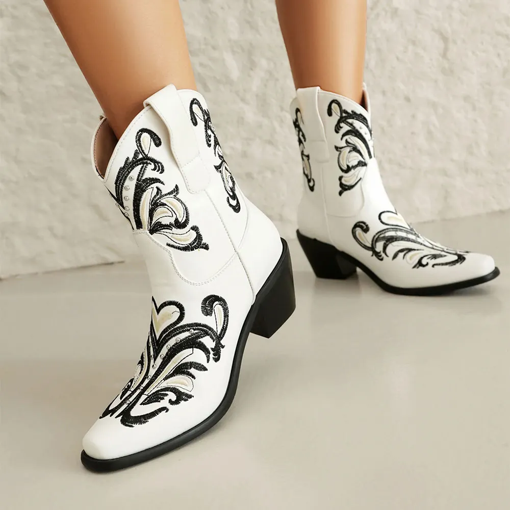 White Mid Chunky Heel Studded Embroidered Cowboy Boots for Women