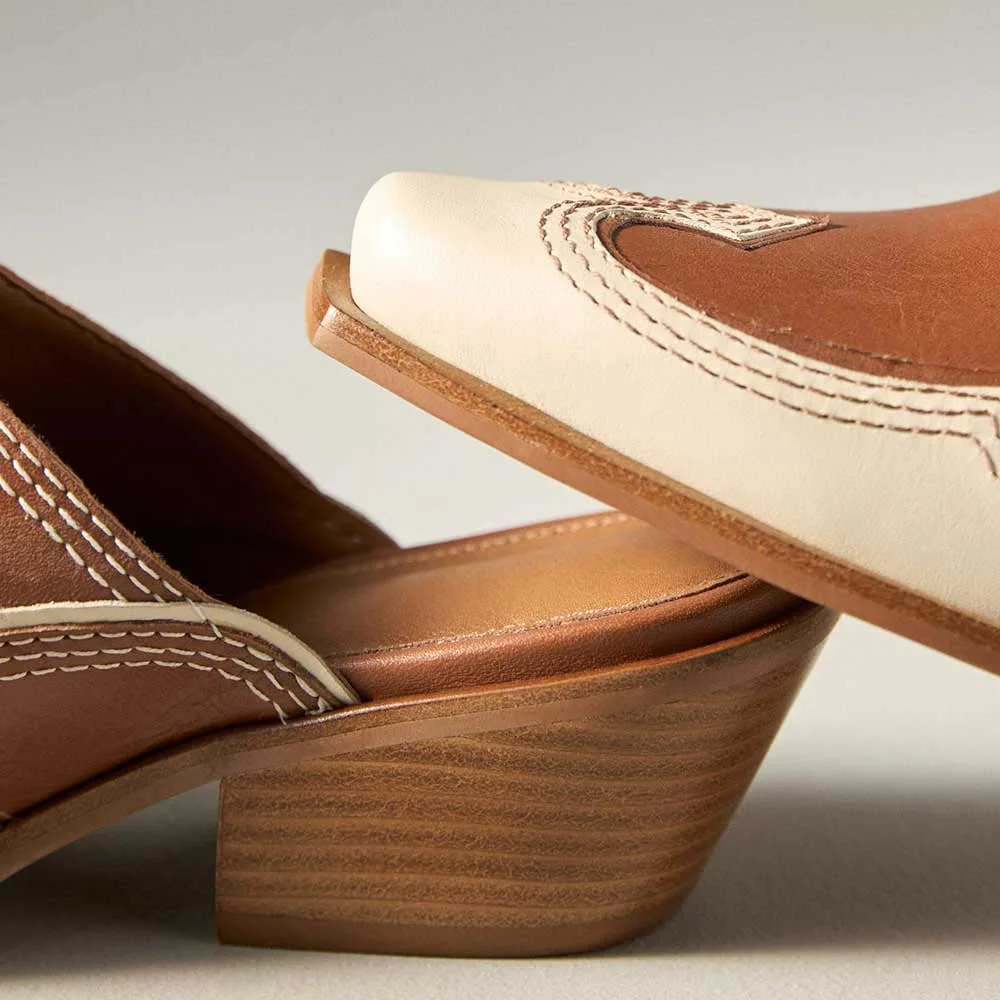 Brown Vegan Leather Round Toe Stacked Heel Western Mules for Women