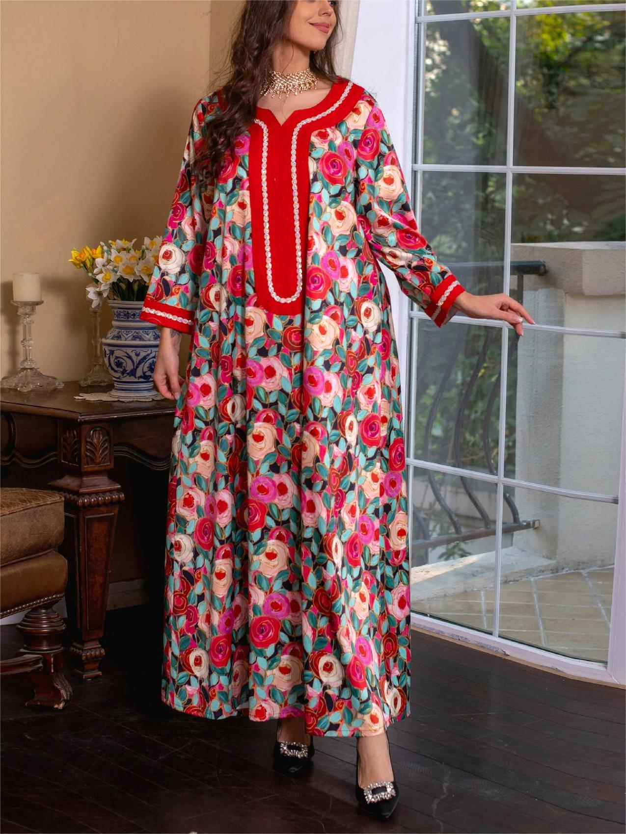 Elegant Floral Print V-Neck Kaftan | Oxredo Shop Ramadan Sale