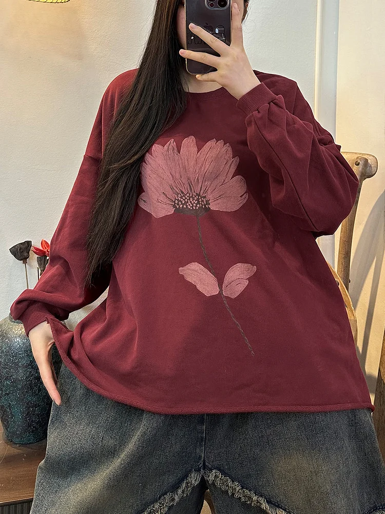 Plus Size Women AutumnFlower Print Hemming Shirt