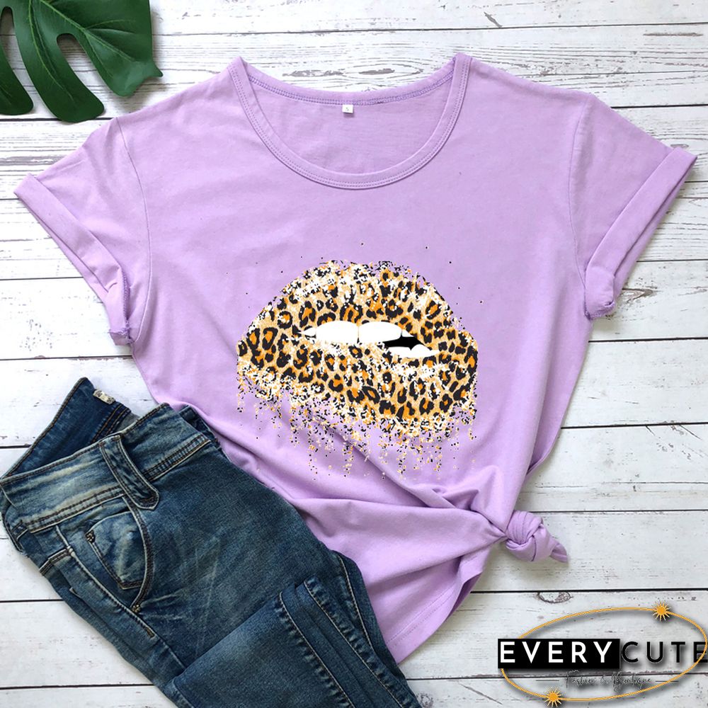 Funny Leopard Lips Dripping T-shirt TrendyPersonalityShirtsWomenFashionCasualPureCottonVintageShirt 90sAesthetic Tee