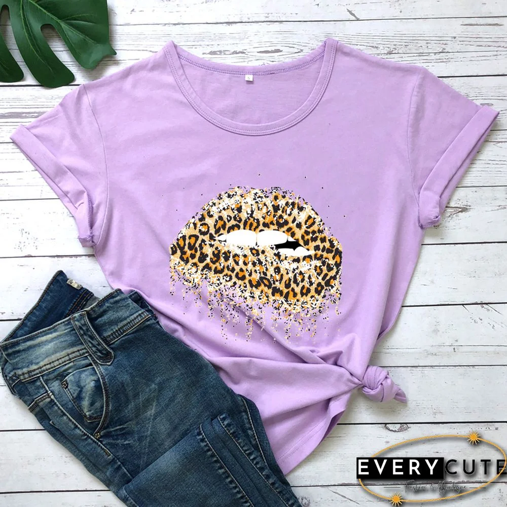 Funny Leopard Lips Dripping T-shirt TrendyPersonalityShirtsWomenFashionCasualPureCottonVintageShirt 90sAesthetic Tee