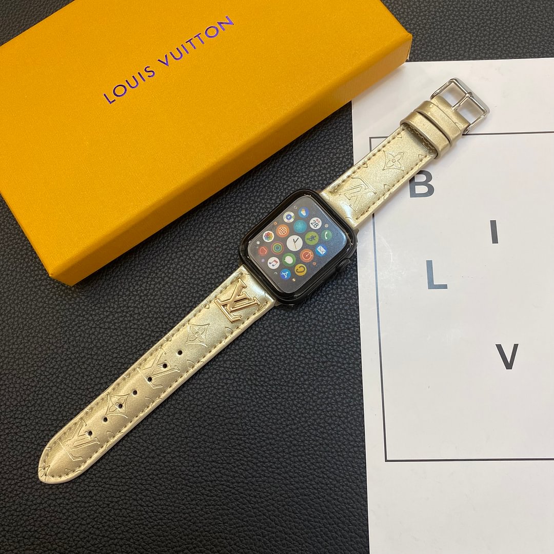 LV Glossy Leather Apple Watch Strap Luxury Metal Logo