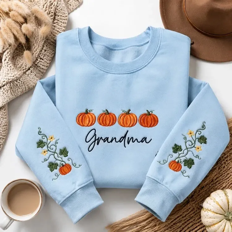Personalized Grandma Pumpkin Sweatshirt, Custom Embroidered Grandma Shirt with Fall Pumpkin Sleeve Design, Cozy Autumn Gift for Grandma, Nana, Gigi