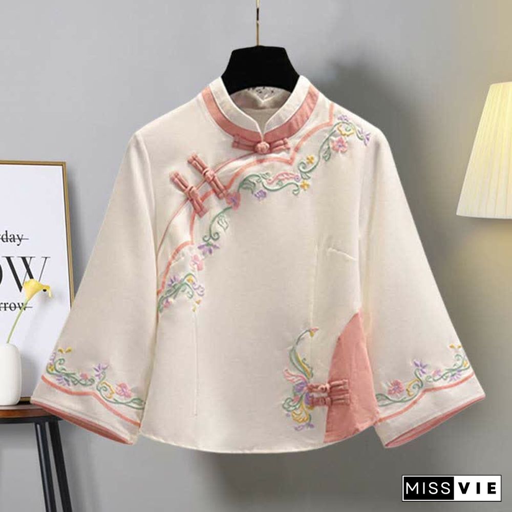 Floral Embroidery Buckle Vintage Top Skirt Set