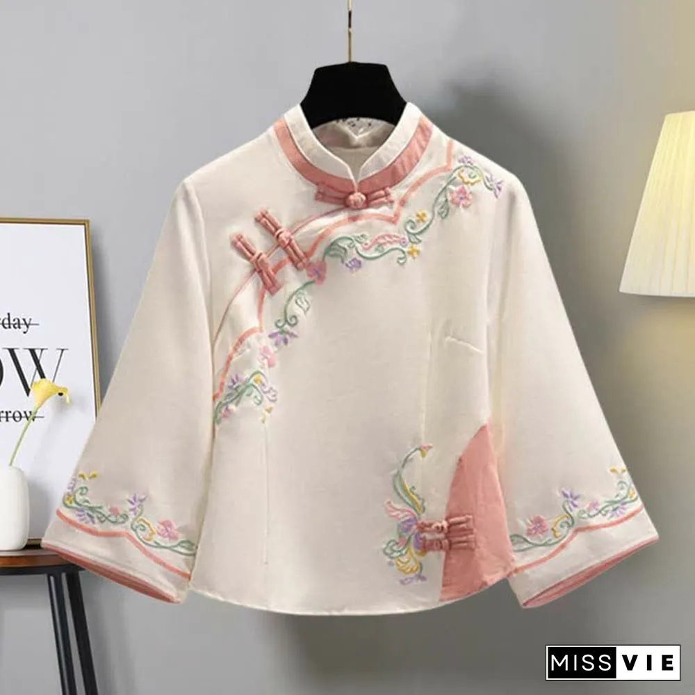 Floral Embroidery Buckle Vintage Top Skirt Set