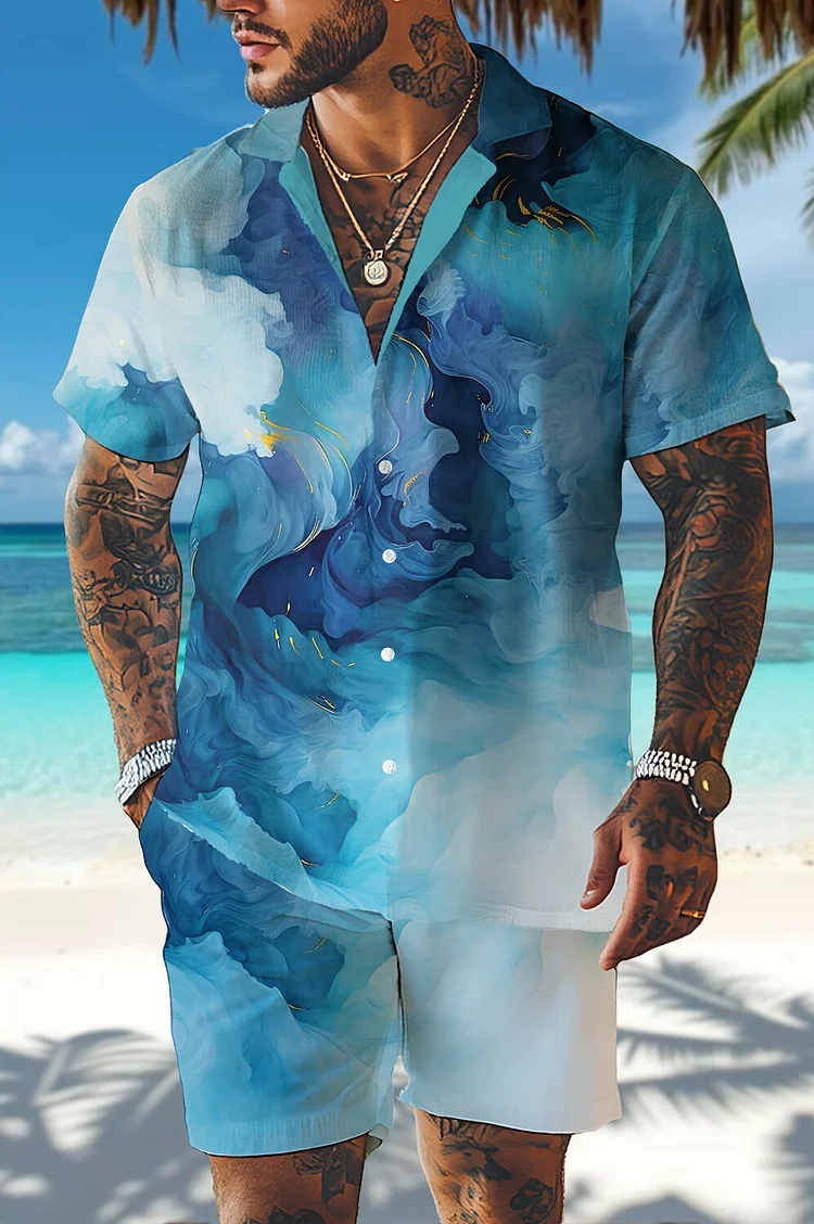Men's Blue Smudge Tie-dye Vacation Art Print Short Sleeve Shirt Set