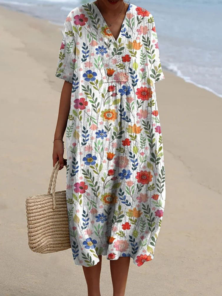 Comstylish Women's Pastoral Floral Art Print Casual Cotton Linen Dress