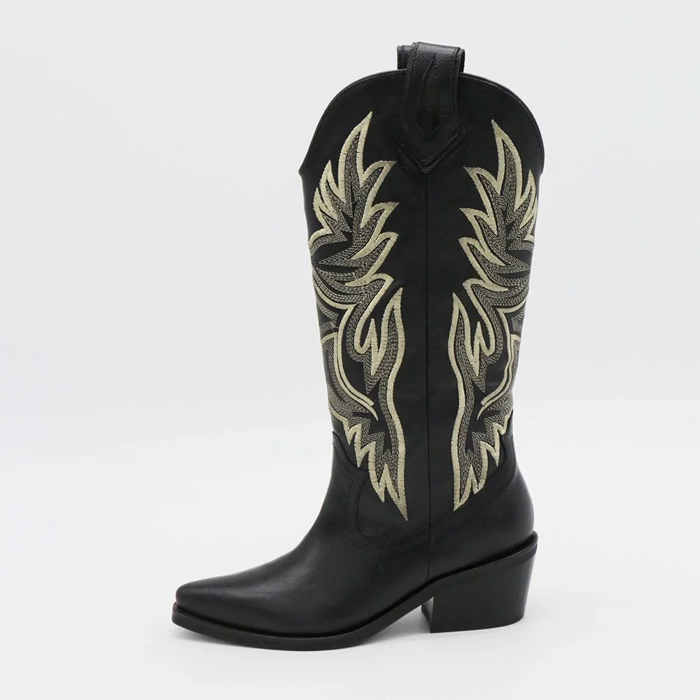 Black Snip Toe Chunky Heel Embroidered Western Cowgirl Boots