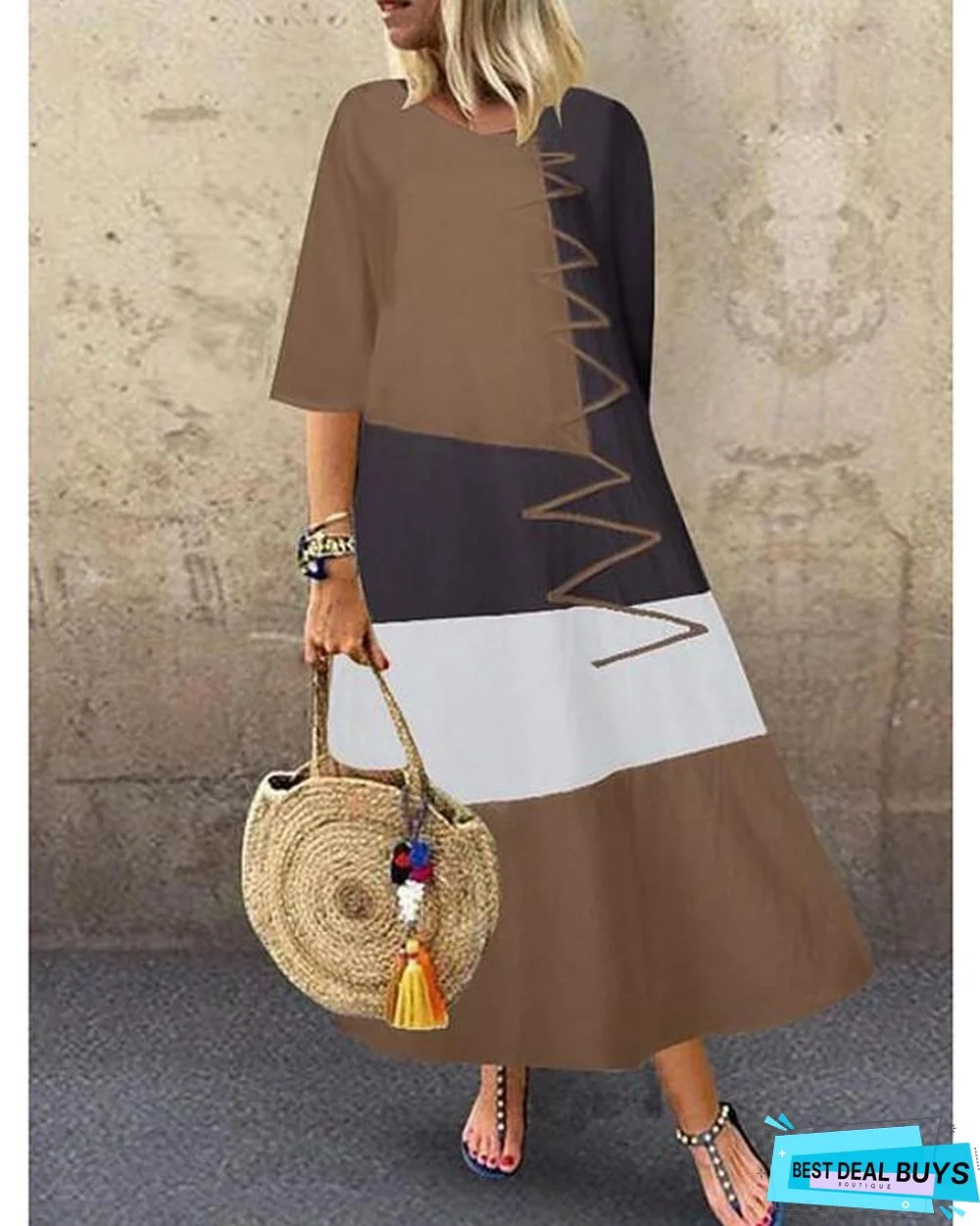 Women's Swing Dress Maxi Long Dress Half Sleeve Color Block Patchwork Summer Hot Casual Cotton White Red Khaki Gray White Dresses