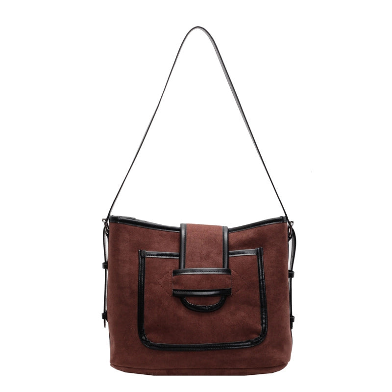 Women’s Medium Pu Leather Color Block Classic Style Bucket Zipper Tote Bag