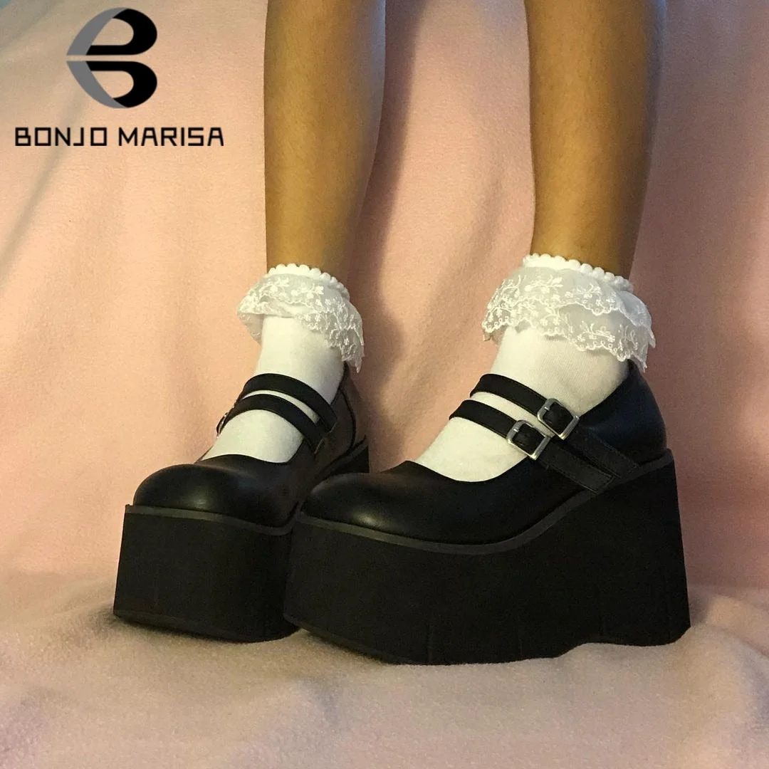 BONJOMARISA The Big Size 43 Girls Pumps Solid Buckle Platform Marry Janes Pumps Women Lolita Thick Bottom Gothic Shoes Woman