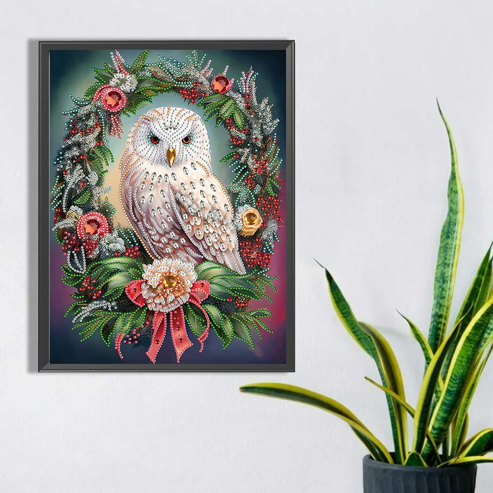 Diamond Painting - Partial Special Shaped Drill - Xmas Owl Wreath(Canvas|30*40cm)