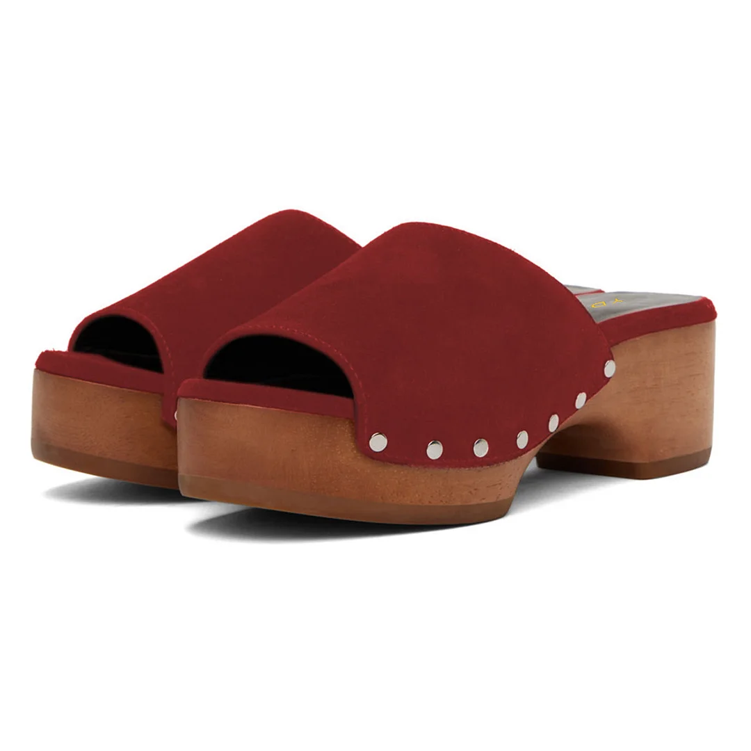 Burgundy Open Round Toe Clogs Platform Slide Sandals with Studs