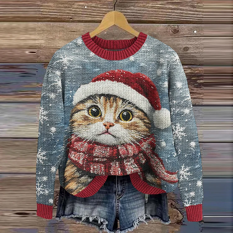 Christmas Cat Print Knit Cozy Sweater