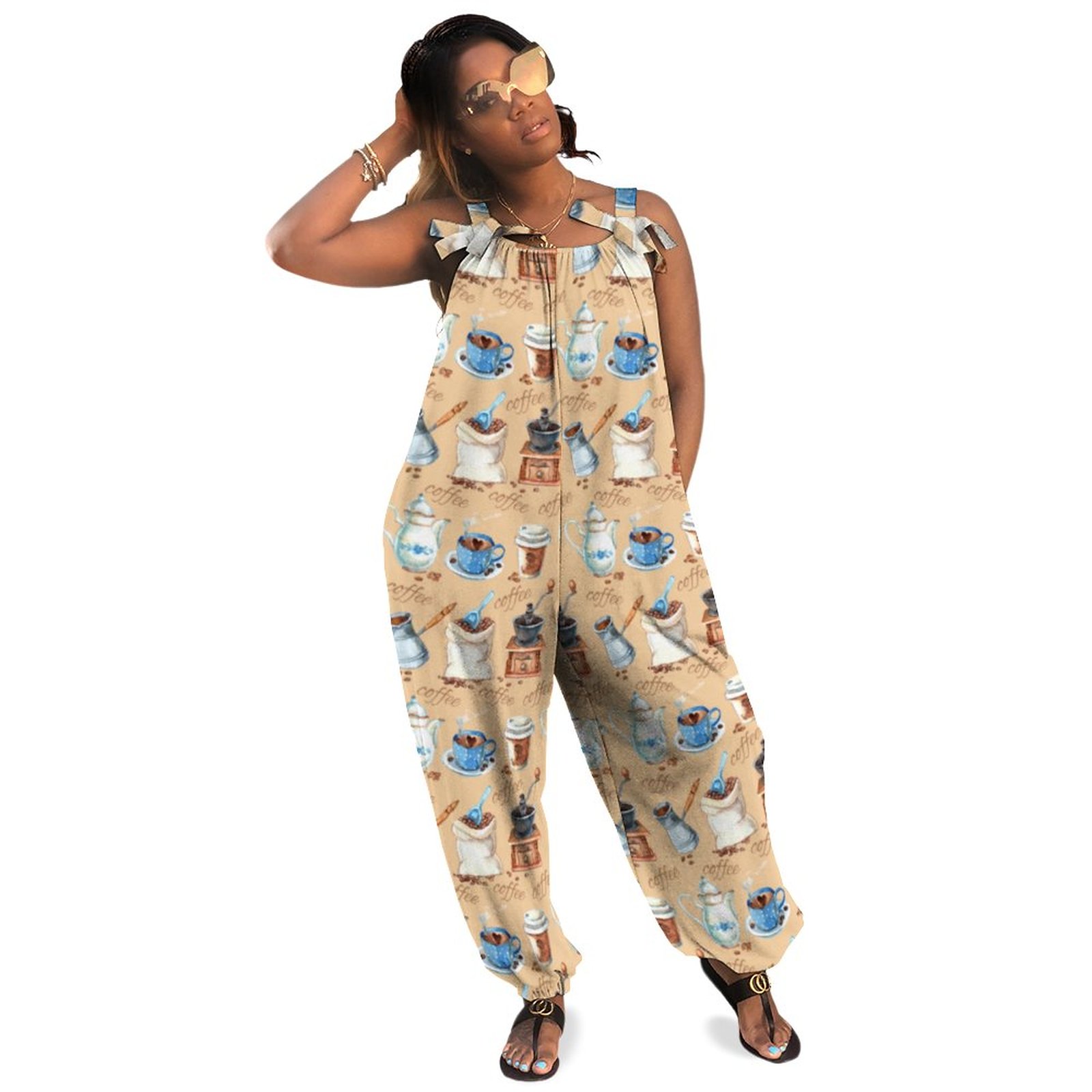 Watercolor Coffee Wrapping Paper Women Plus Size Jumpsuit Summer Loose Harem Pants Casual Loose One Leg Jumpsuit Comfy Boho Pockets Polyester Spandex