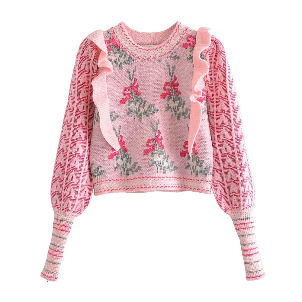 Pink Flower-Carrying Ear Pullover