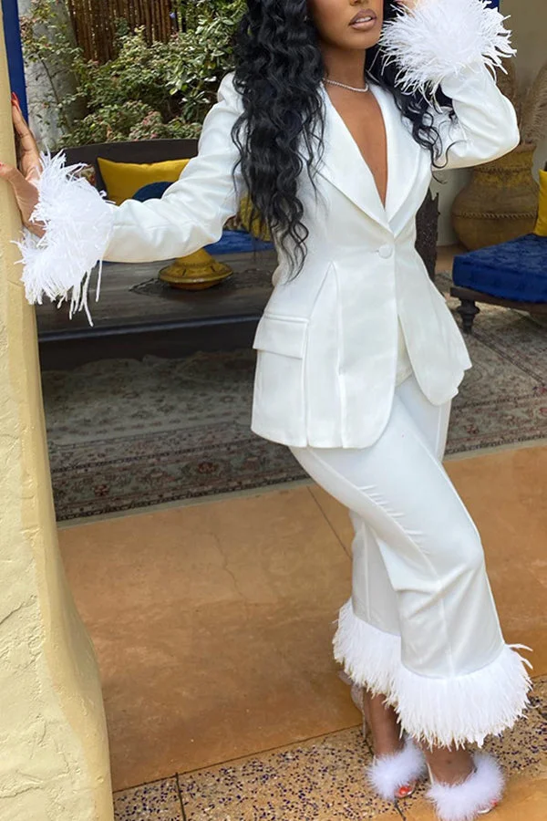 Fashion Feather Decoration Solid Color Suit