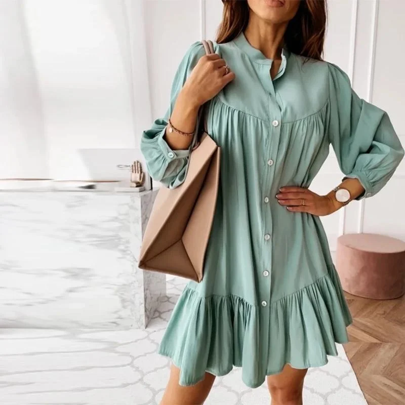 Women Vintage Ruffled Front Button A-line Dress Long Sleeve Stand Collar Solid Elegant Casual Mini Dress 2020 Autumn New Dress