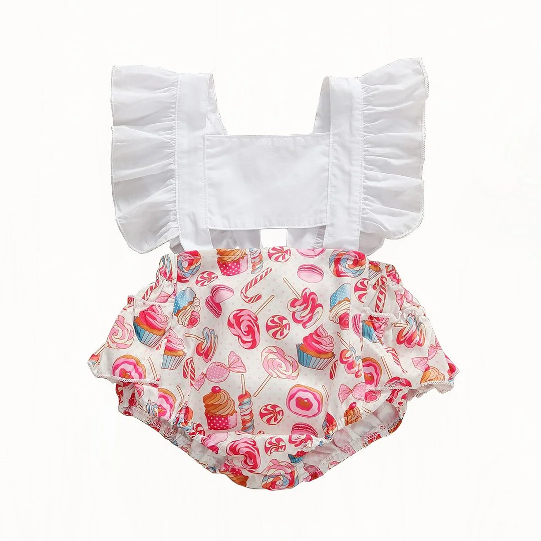 2020 Baby Summer Clothing Infant Newborn Baby Girls Sunsuit Ruffled Sleeveless Bodysuits Candy Print Patchwork Jumpsuits