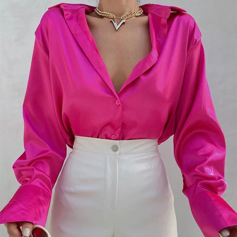 wsevypo Chic Elegant Silk Satin Shirts Office Lady Long Sleeve Button Up Casual Shirts High Street Solid Soft Laple Tops