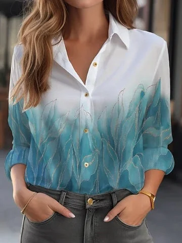 Women's Long Sleeve Shirt Collar Floral Printed Graphic Tops