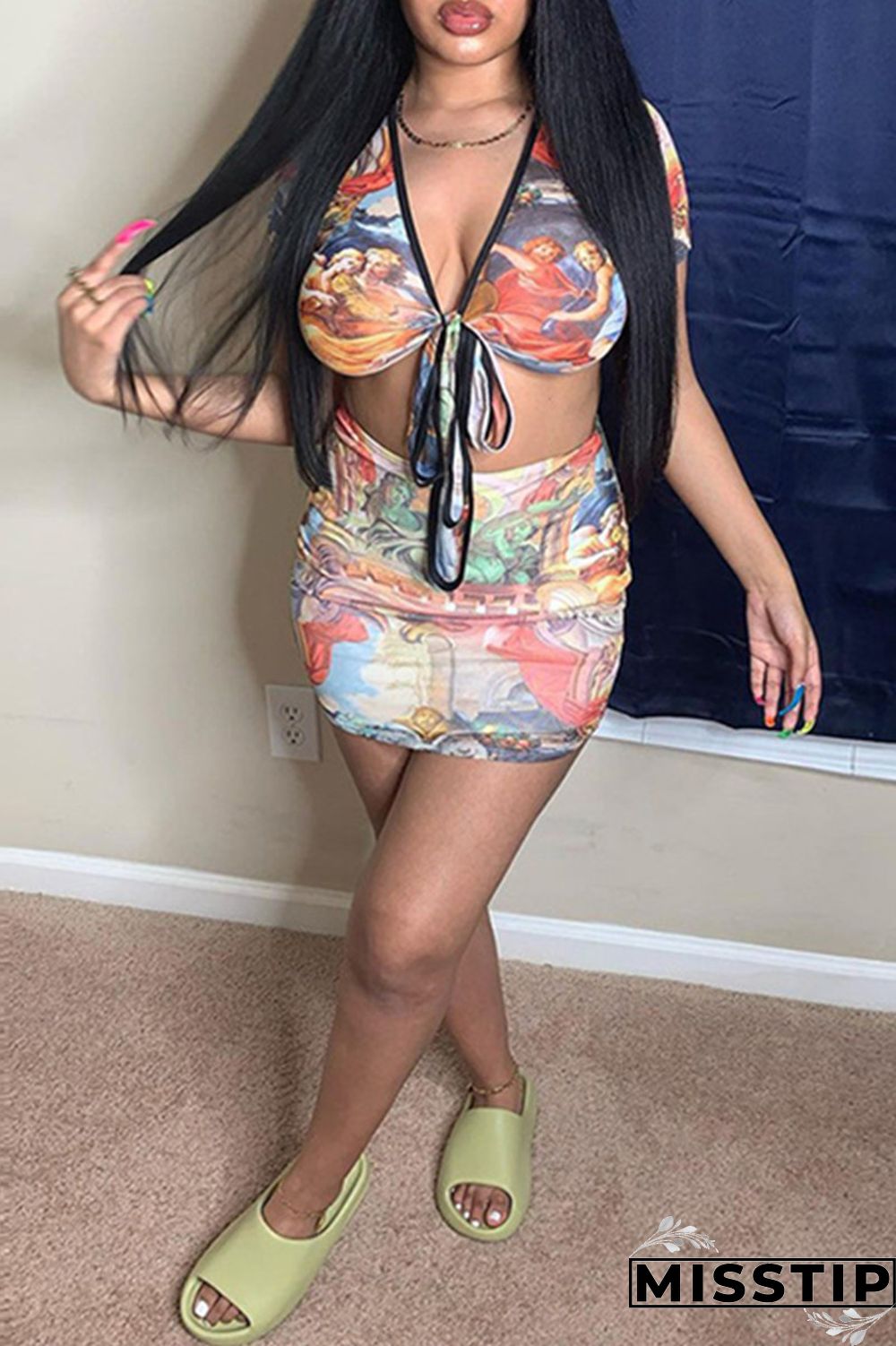 Colour Fashion Sexy Print Bandage V Neck Short Sleeve Two Pieces