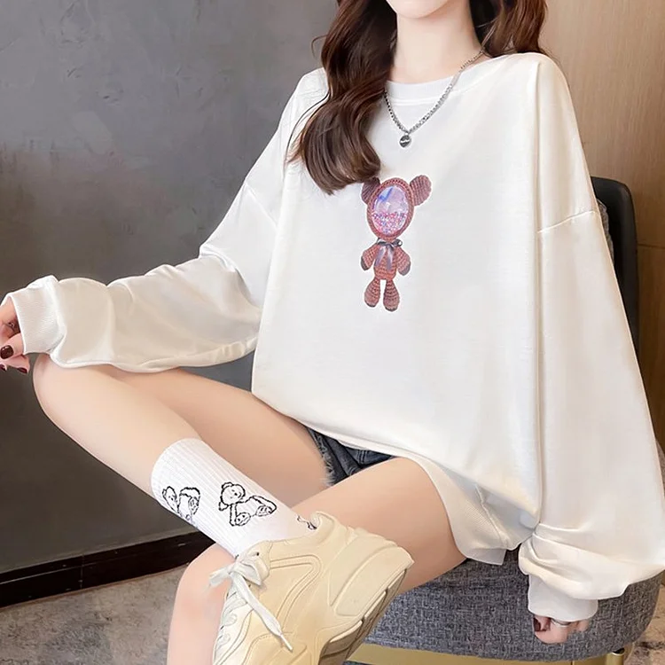 Cotton-Blend Casual Printed Long Sleeve Sweatshirt QueenFunky