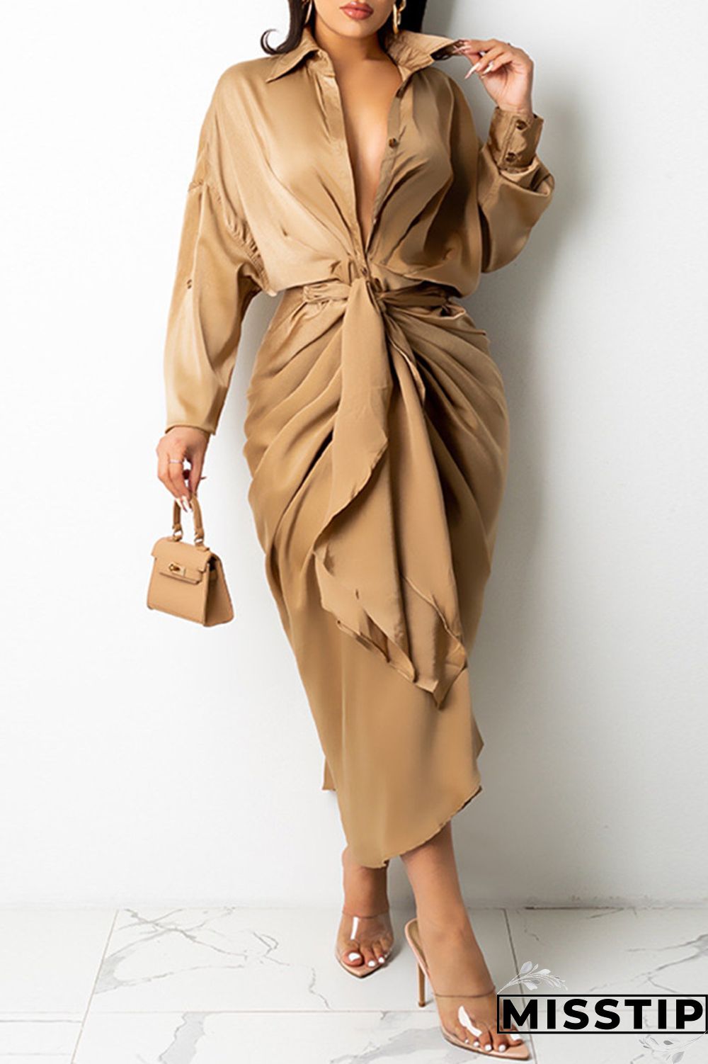 Light Beige Gray Fashion Casual Solid Bandage Turndown Collar Long Sleeve Dresses