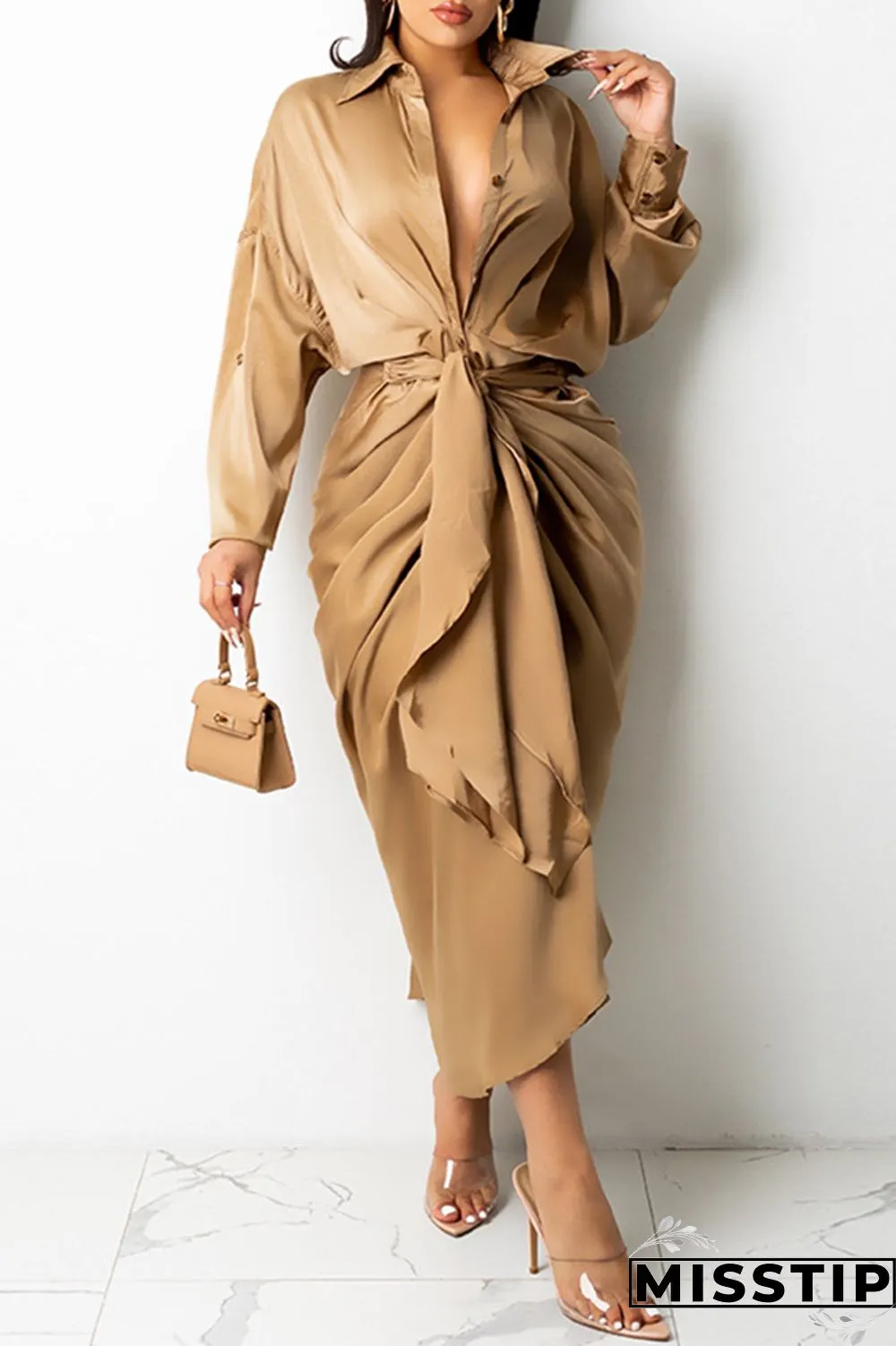 Light Beige Gray Fashion Casual Solid Bandage Turndown Collar Long Sleeve Dresses