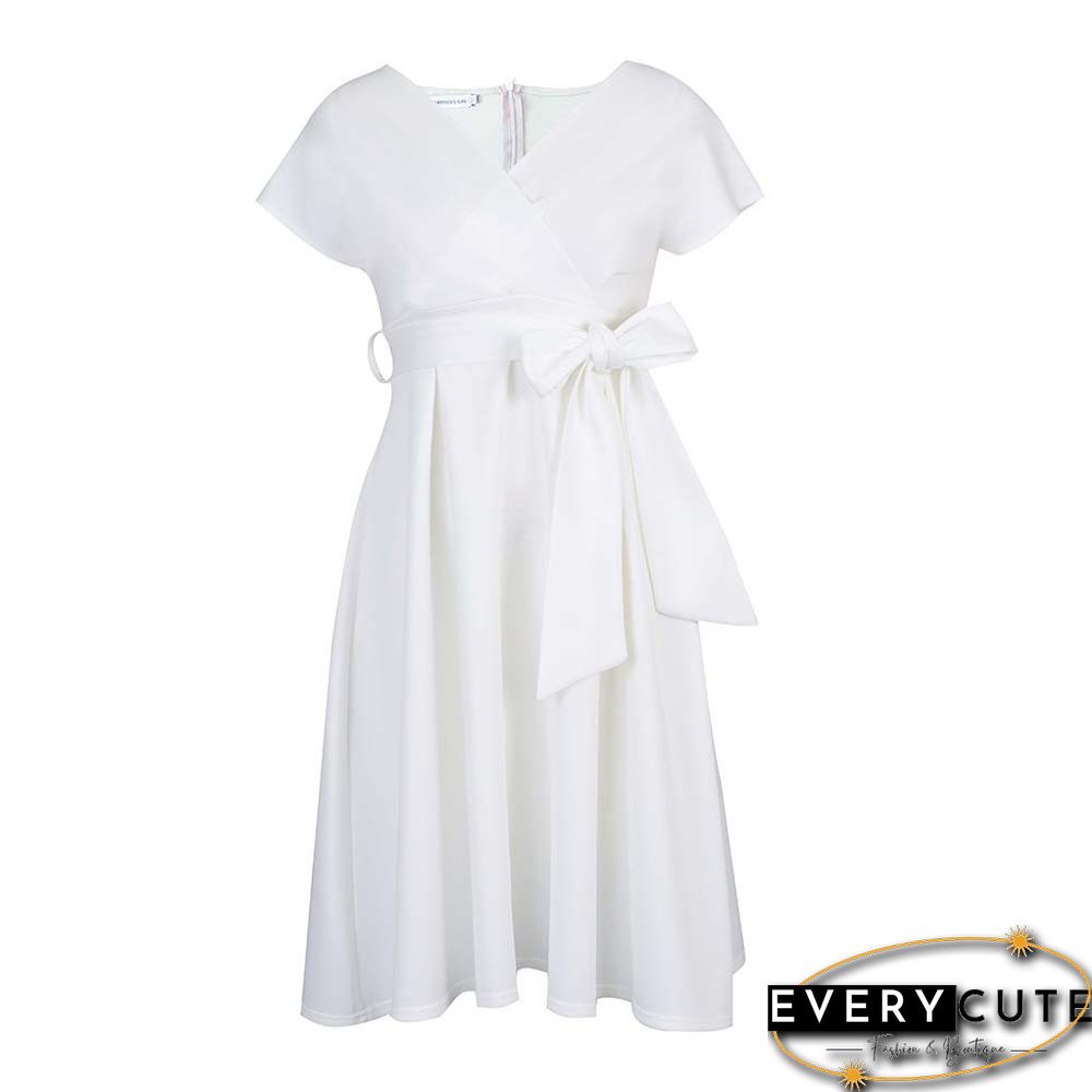 V-neck Solid Color Waist Bow Tie Dress White Dresses
