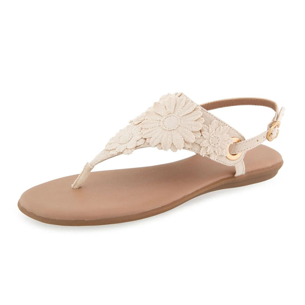 Taupe Sunflower Round Toe Buckle Flat Flip Flops for Women Nicepairs