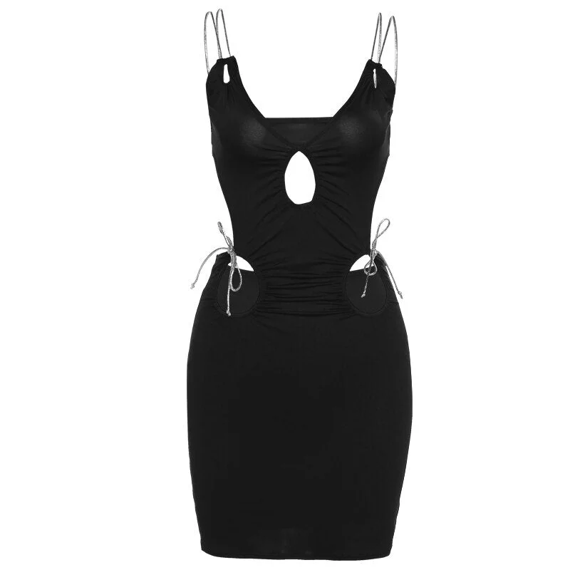 Yiallen Solid Sexy Hollow Out Mini Dress Women Deep V-Neck Spahgetti Strap Backless Bandage Bodycon Skirt Female Party Clubwear