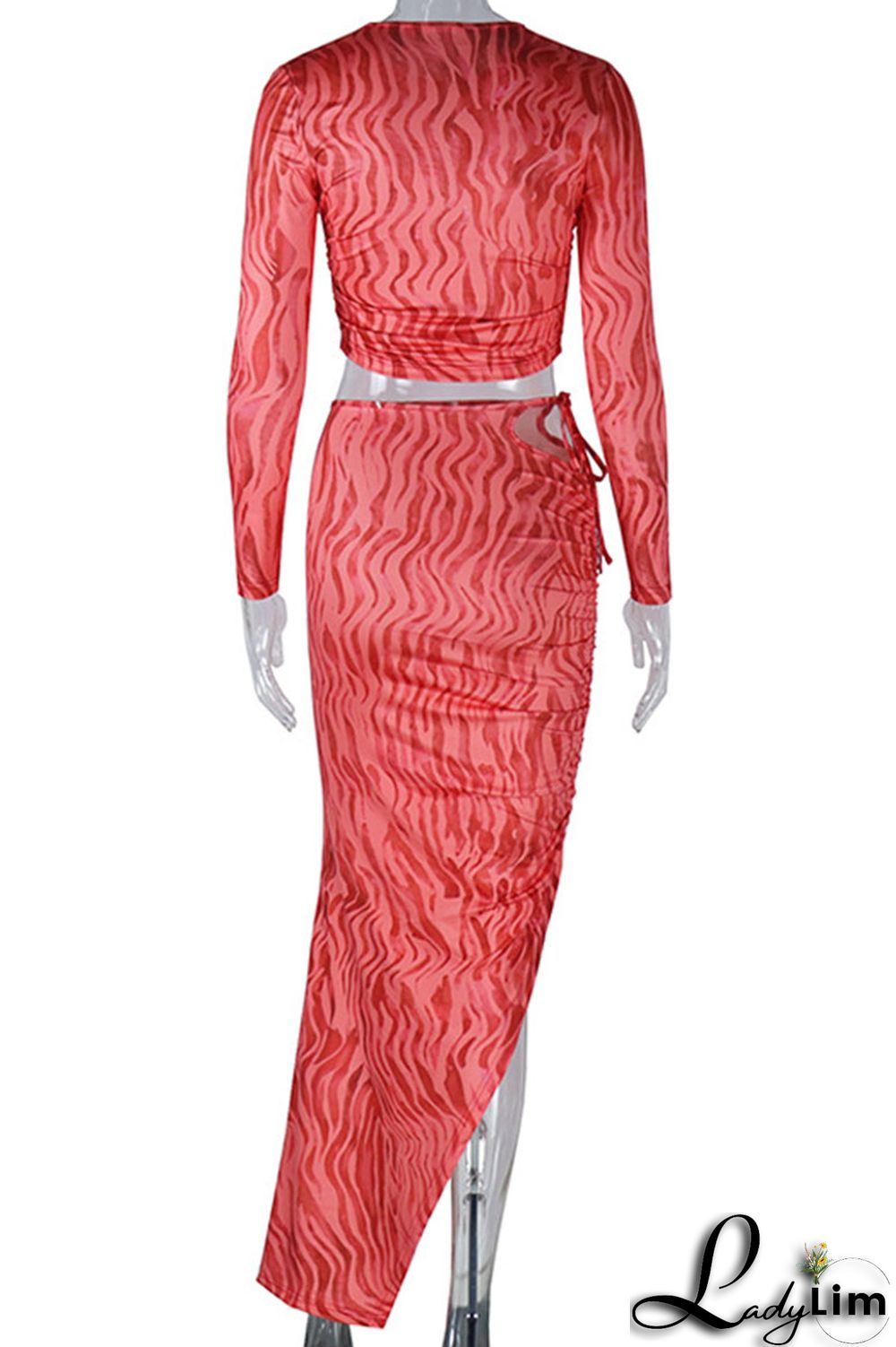 Tangerine Sexy Print Bandage Patchwork Draw String Slit O Neck Long Sleeve Two Pieces