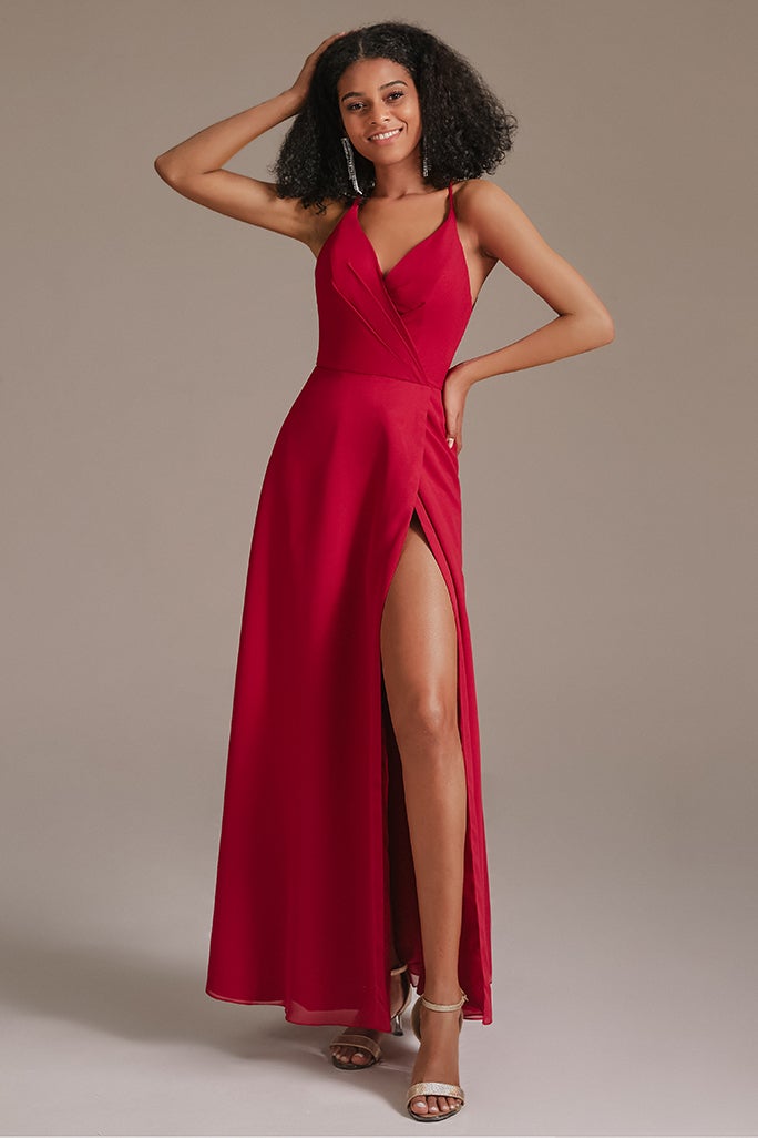Oknass Red Modern V-Neck Cheap Bridesmaid Dresses With Slit