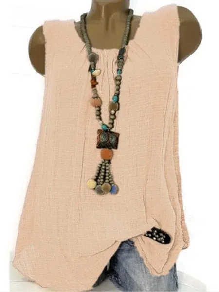 Linen Round Neck Sleeveless Cozy Tanks