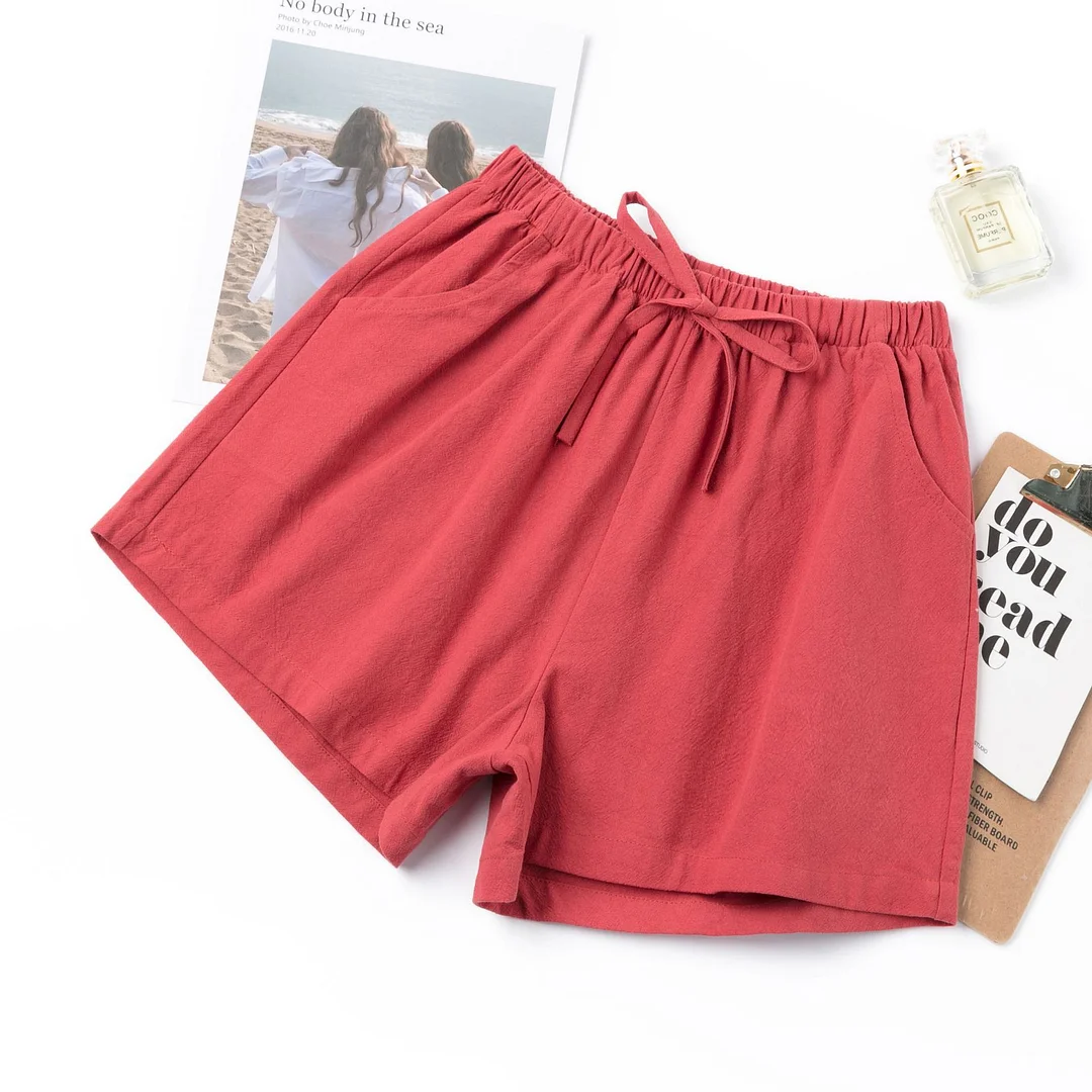 Women's Elastic Waist Pocket Linen Casual Short Pants