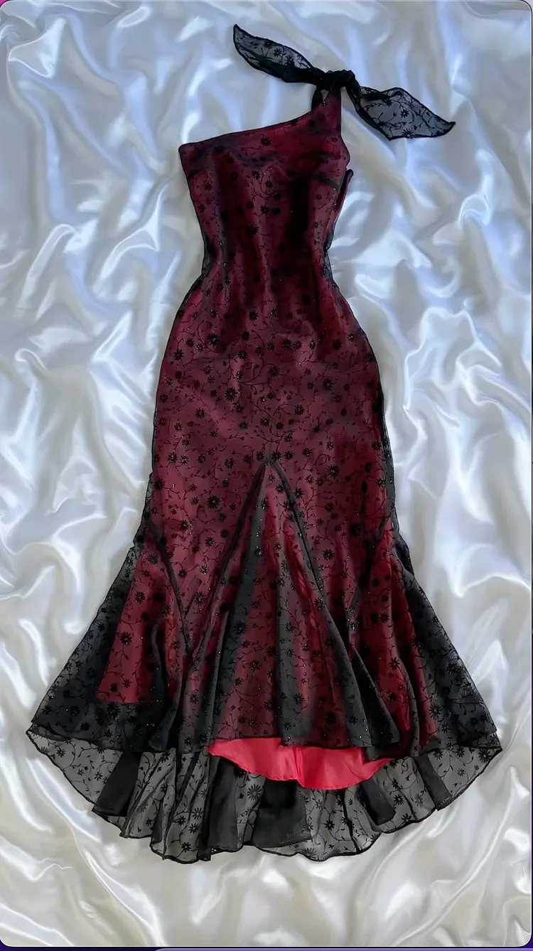 Wine Red & Black Floral One-Shoulder Gown, Lace Embroidered Mermaid Hem Evening Dress