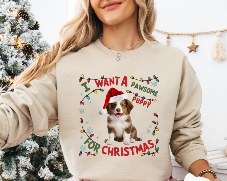 I Want A Kitty or Puppy Custom Pet Santa Hat Christmas Sweatshirt Hoodie T-shirt for Adults and Kids
