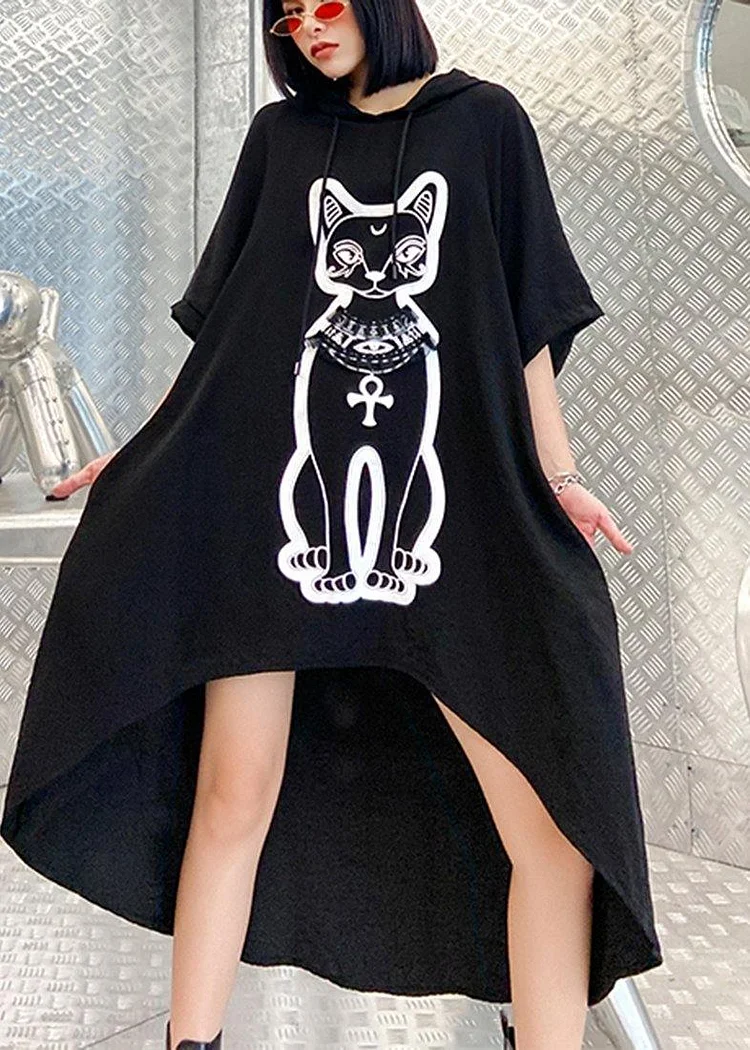 Diy Black Print Low High Design Hooded Ankle Dress Summer
