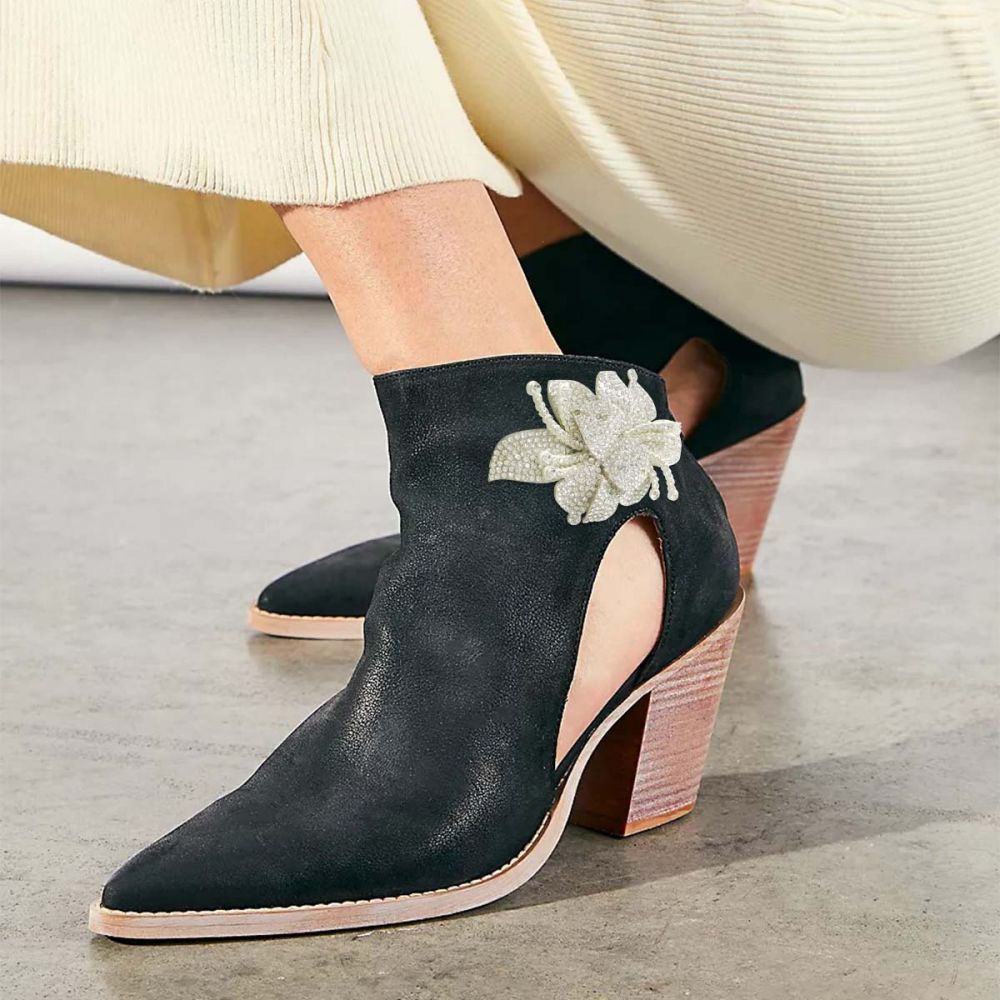 Black Pointed Toe Rhinestone Floral Chunky Heel Cut Out Ankle Boots Nicepairs