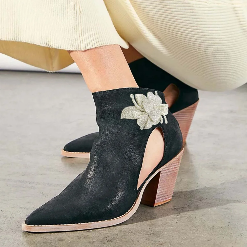 Black Pointed Toe Cowgirl Booties Cone Heels With Flower Nicepairs