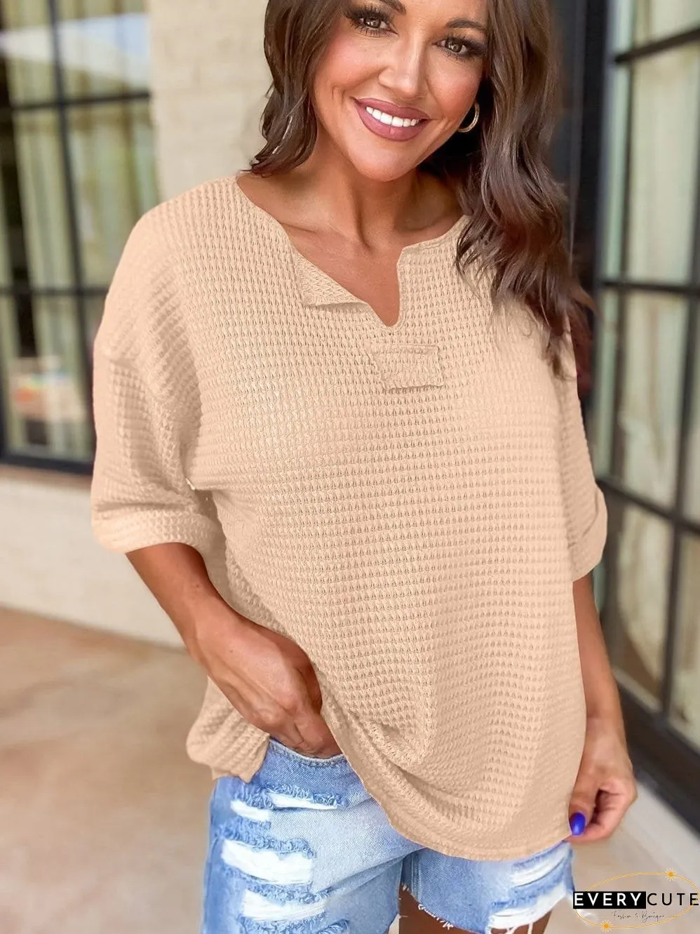 Parchment Waffle Knit V-Neck Casual Top with Split Neck