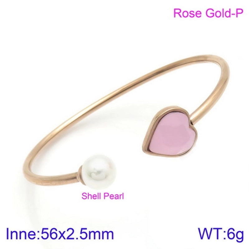 Modern Style Minimalist Heart Shape Stainless Steel Titanium Steel 18K Gold Plated Glass Stone Pearl Bangle In Bulk